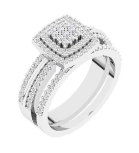 VS F 0.75Carat Round Diamond Square Double Halo Bridal Wedding Ring Set 14K Gold - Picture 1 of 10