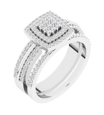 VS F 0.75Carat Round Diamond Square Double Halo Bridal Wedding Ring Set 14K Gold - Image 1 of 4
