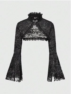Черный готический готический стиль Bell рукав кружева открытый передний модный топ Sz XS S M L XL - Изображение 1 из 4