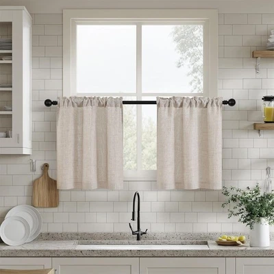 Semi Sheer Kitchen 24 Inch Curtains for 25"W x 24"L (Pack of 2), Linen  - Image 1 of 4