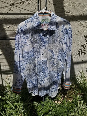 Robert Graham Men's Large Blue Floral Paisley Shirt Reverse Cuffs Embroidered - Image 1 of 4