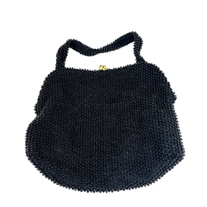 Borsa da sera piccola vintage anni 60 nera a pois con perline chiusura bacio 9" x 7" - Foto 1 di 11