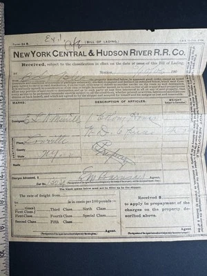 1906 New York Central & Hudson River Railroad Co. Bill of Lading ATQ Railroad - Image 1 of 4