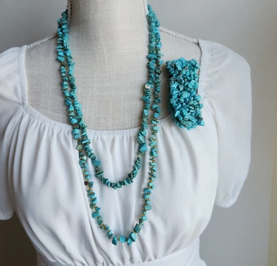 2pc Turquoise Chip Beaded Necklace Lot w/ Matching Stretch Bracelet - Image 1 of 4