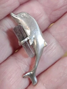 Vintage Sterling Silver 925 Dolphin ~1.5" Pendant W Quartz Crystal 2g - Picture 1 of 6