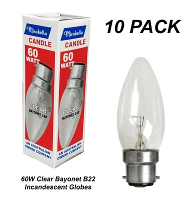 10 x 60W Clear B22 Candle Shaped Light Globes Bulbs Lamps Bayonet Incandescent - Image 1 of 3