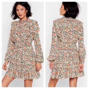 Nasty Gal Floral High Neck Mini Babydoll Skater Dress Size 4 - Picture 1 of 12
