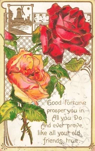 Poema Best Wishes, rosas rosadas y rojas, oro en relieve, postal vintage - Imagen 1 de 2