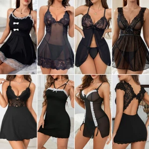 Black Women's Sexy-Lingerie Babydoll Sleepwear Underwear Lace Dress Nightwear US - Picture 1 of 290