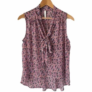 Paper Crane Sleeveless Floral Pink Top Blouse Size M Neck Tie Hi-low Sheer USA - Picture 1 of 9