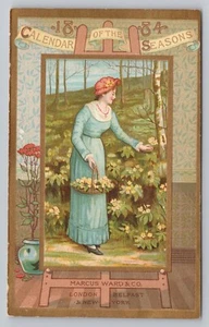 1884 Trade Card Calendar Victorian Woman in Garden Gathering Flowers Marcus Ward - Picture 1 of 3