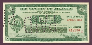 1933 Contea di Atlantic, New Jersey $1 Epoca Depressione Scrip n.A12234 (60687) - Foto 1 di 2