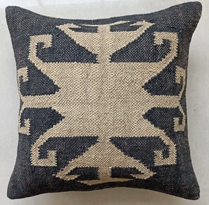 Black Jute Rug Cushion Cover Square Pillow Case 18x18" Outdoor Vintage Throw Art - Picture 1 of 6