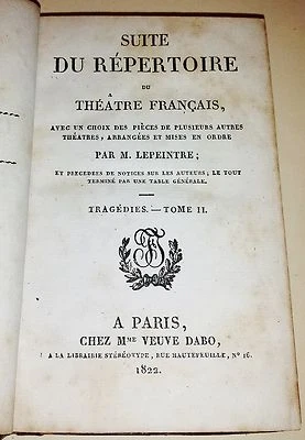 Suite du Repertoire du Theatre Francais Lepeintre Tome II 1822 Full Leather - Image 1 of 2