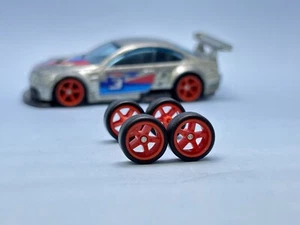 R526 Hot wheels 1/64 Real riders # 5 Spoke Modern Red 10mm Long Rubber Wheels - Picture 1 of 5