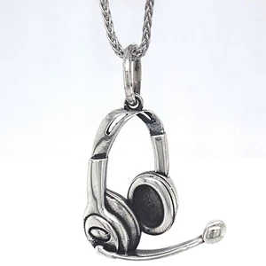 Headset w Microphone Pendant on Adjustable 19.5" Chain, All in Sterling Silver - Picture 1 of 11