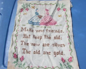 Needlework Sampler Make New Friends Ladies Flower Branch Hand Stitch VTG Antique - Picture 1 of 12