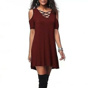 Womens Fashion Casual Soft Comfortable Plus Size Cotton Dress Large Wine Red NEW - Picture 1 of 2