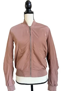 H&M Satin Military Flight Bomber Varsity Jacket Sz XS Silky Rose Gold Zip-Up - Picture 1 of 15