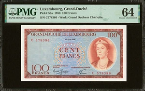 Lussemburgo 100 franchi 1956 Pick-50a CH UNC PMG 64 - Foto 1 di 2