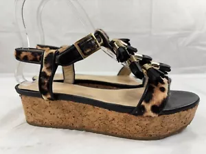 JIMMY CHOO Leopard Sandals Size 6 Tasseled Cork wedge platform - Picture 1 of 12