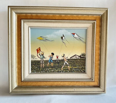 VTG Signed Hargrove Country Summer Fun American Folk Art Oil Painting On Canvas - Image 1 of 4