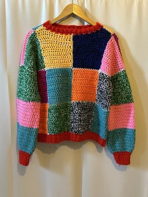 Hand knitted colourful patchwork jumper size 14 relaxed fit - Image 1 of 4