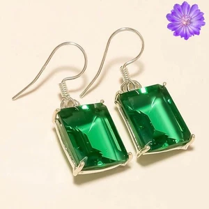 Lab Created Emerald Gemstone 925 Sterling Silver Earring Handmade jewelry - Picture 1 of 3