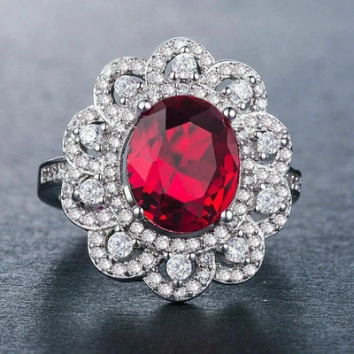 Women's Flower Ring Ruby Lab-Created Diamond Halo 3Ct Oval 14K White Gold Over - Image 1 of 3