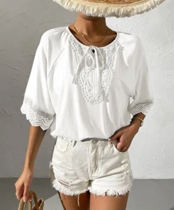 Danqi White Lace-Trim Tie-Neck Half-Sleeve Peasant Top Size Medium - Picture 1 of 4