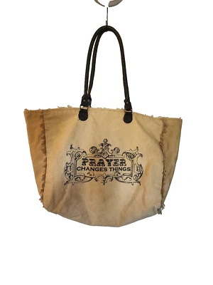 Vintage Addiction Recycled Canvas Leather Tote Bag "Prayer Changes Things" - Image 1 of 4