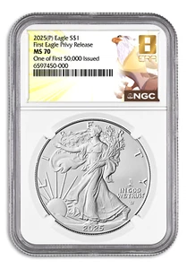 American Silver Eagle First EAGLE 2025 $1 Privy NGC MS70 - ¡Uno de los primeros 50.000! - Imagen 1 de 2