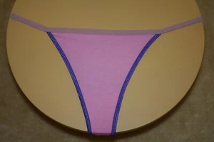 Medium Pink Thong G-String w Shiny Dark Purple Bands & Beige Band - Medium - Picture 1 of 2