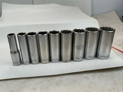 Craftsman 9pc 3/8 drive 12pt Deep Socket Lot 3/8 - 7/8in., EE Series, USA - Image 1 of 4