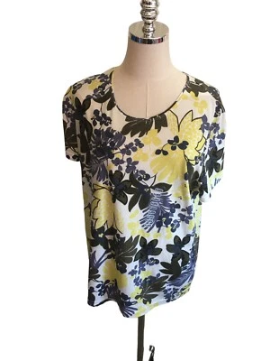 Top de algodón talla XXL verde manga corta estampado de plantas Lagenlook amarillo azul NUEVO Foto 1 de 4