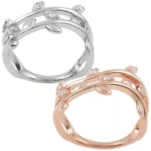 925 Sterling Silber Ring gewellt Weinrebe & Blatt 0,18 Karat CZ Größe 5-9 - Bild 1 von 13