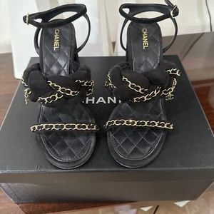 Chanel Black Open Toe CC Suede & Gold Metal HW Sandals Quilted Heel Shoes EU39 - Picture 1 of 15
