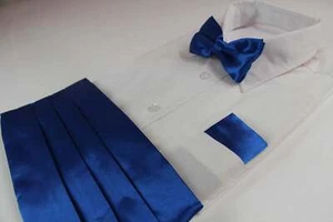 Mens Blue Cummerbund & Matching Plain Bow Tie And Pocket Square Set - Picture 1 of 1