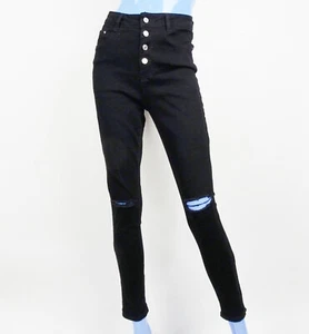 Pantalones de mezclilla elásticos ajustados Shein cintura alta negros rasgados S 4 6 botones Mosca Destro - Imagen 1 de 6