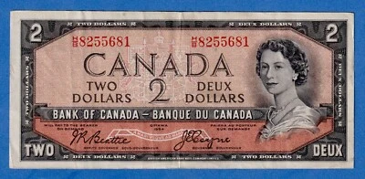 CANADA $2 1954 BC-30b / P-67b  QE II Circulated DEVIL'S FACE 👿  H/B 8255681 - Image 1 of 3