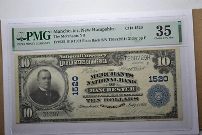 Manchester, NH - $10 1902 Plain Back Fr. 625 The Merchants NB Ch. # 1520 PMG VF - Image 1 of 4