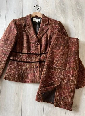 Conjunto de traje chaqueta de tweed a cuadros roja amarilla Liz Claiborne y falda dividida lateral talla 12P Foto 1 de 4