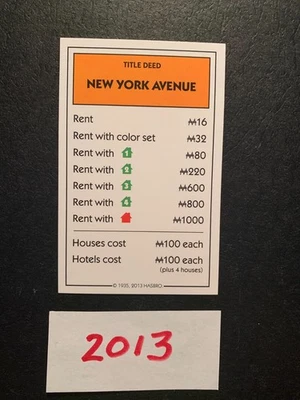 Tarjeta de reemplazo de tarjeta de título Monopoly 2013 New York Avenue Foto 1 de 3