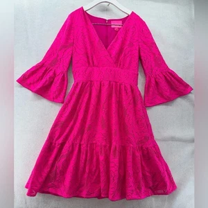 EUC Lilly Pulitzer hellrosa V-Ausschnitt Glockenärmel Cecelia Kleid Größe 6 gefüttert - Bild 1 von 4