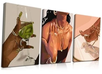  Juego de 3 arte de pared de moda negro enmarcado para niña, africano 12L" x 16W" negro (lienzo) Foto 1 de 4