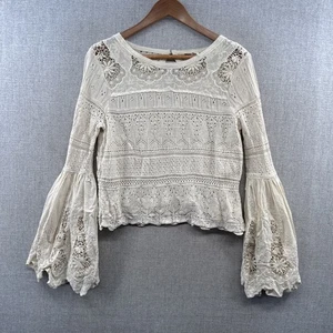 Top Free People Once Upon a Time Mujer Pequeño Marfil Crochet Manga Campana Boho - Imagen 1 de 15