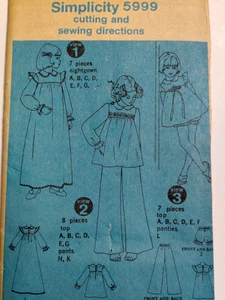Pajamas Nightgown Shortie Girls 4 Simplicity 5999 Sewing Pattern NO ENVELOPE VTG - Picture 1 of 7