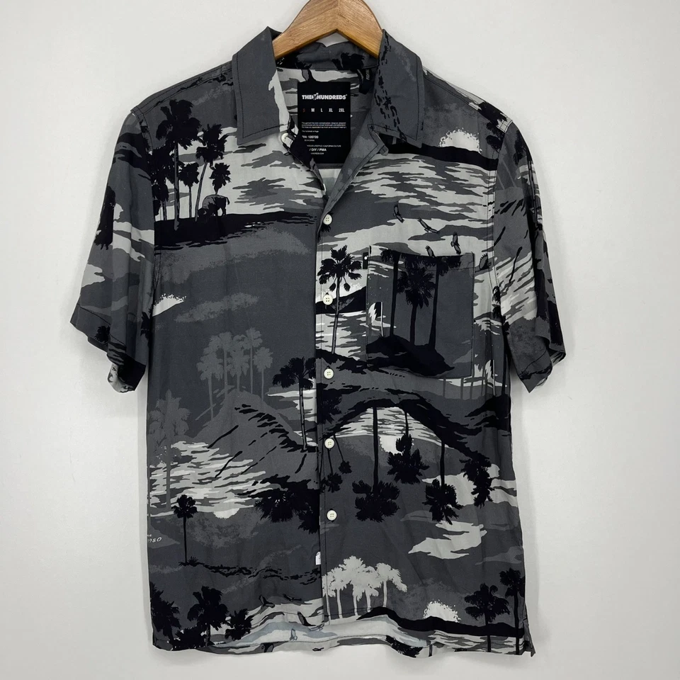 Camisa The Hundreds manga corta con botones para hombre talla S gris playa hawaiana rayón Foto 1 de 4