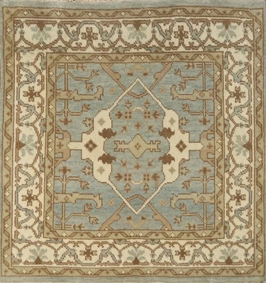 Light Blue Oushak Style Square Rug 4x4 Ft Hand-Knotted Transitional Floral Wool - Image 1 of 4