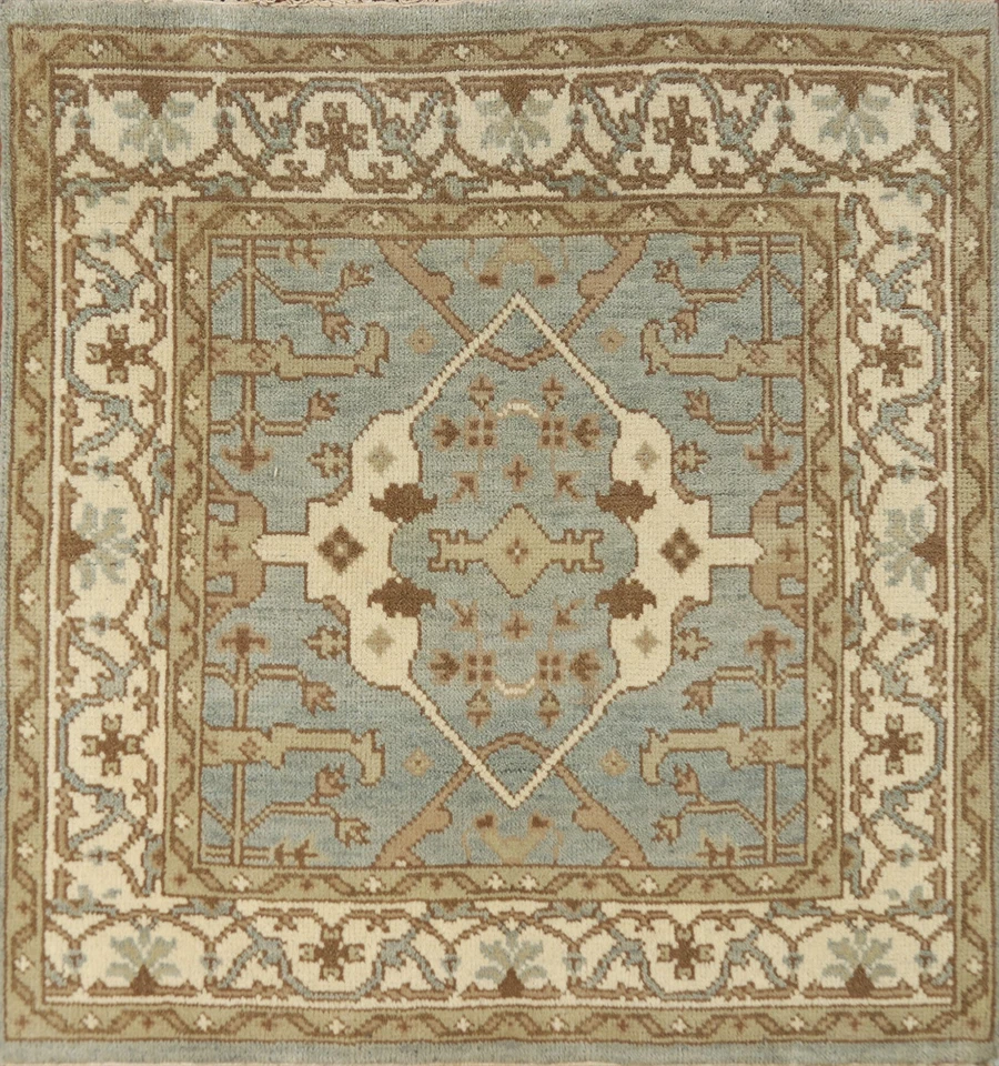 Light Blue Oushak Style Square Rug 4x4 Ft Hand-Knotted Transitional Floral Wool - Image 1 of 4